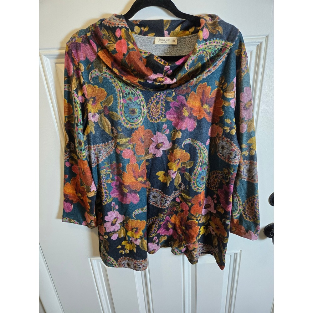 Jess & Jane Women XL Cowl Neck Top Floral Paisley 3/4 Sleeve USA FB4-1868